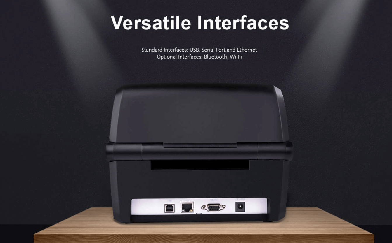 Back view of a barcode printer showing multiple interface ports like USB, Serial, and Ethernet.